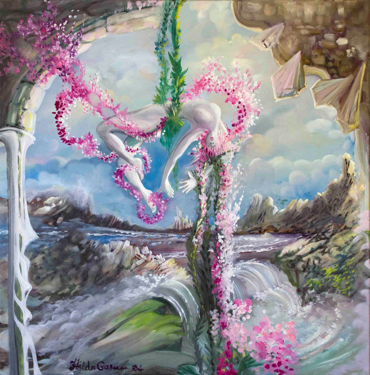 Figure allégorique de la jeunesse prenant son envol dans un environnement naturel. Huile sur toille de Hilda Garman faite fin juillet 2024 dans le sud de la France.