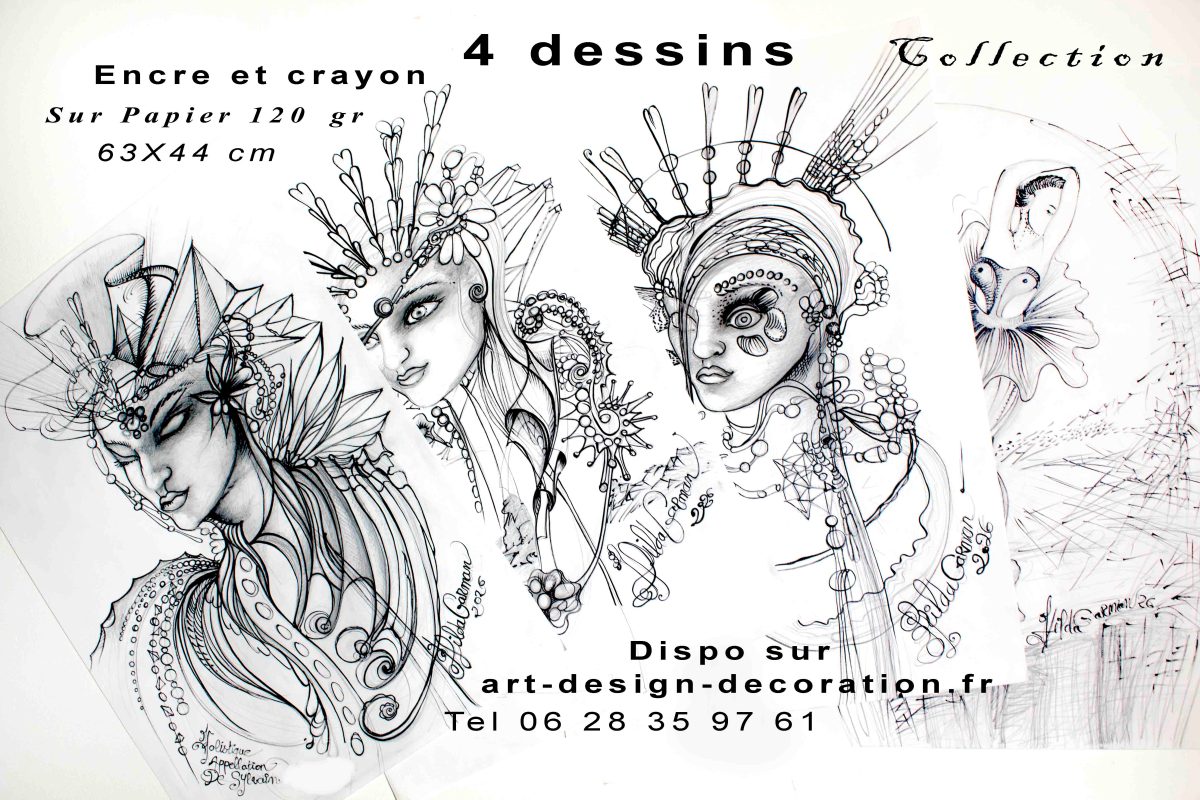C'est une série de 4 dessins, réalisés au crayon, rehaussés à l'encre de Chine. L’une danse sur une colline rocailleuse et les 3 autres sont des portraits qui regardent du côté droit, ce sont des portraits féminins imaginaires qui représentent des jeunes femmes jeunes ornées de bijoux fantaisistes.
