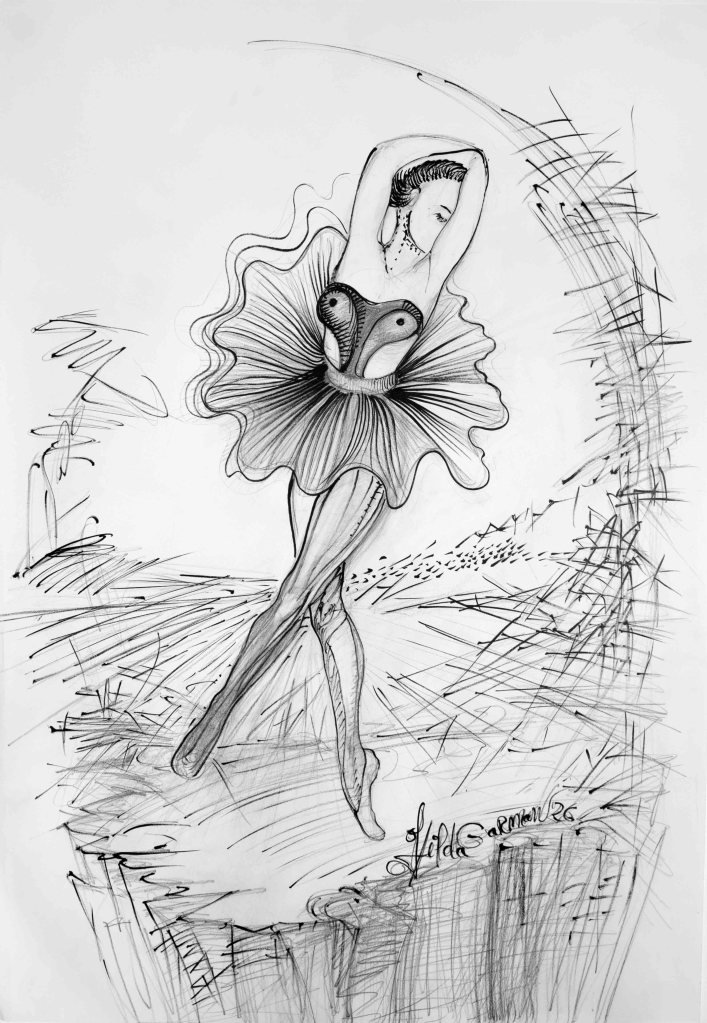 Dessin d'une ballerine en tutu, dans une pose gracieuse, avec des lignes dynamiques et un style artistique noir et blanc.