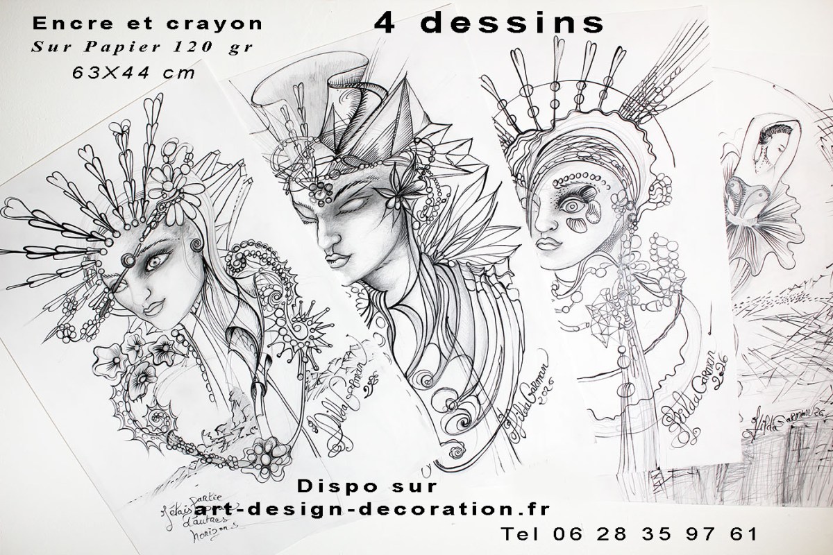 Collection de 4 dessins de Hilda Garman. Les Précieuses.