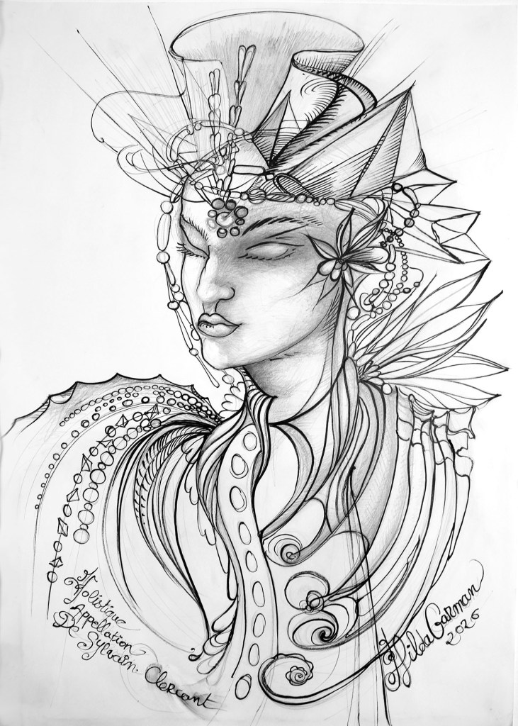 Illustration en noir et blanc d'un personnage élégant portant un chapeau haut de forme, orné de motifs floraux et de bijoux, avec des lignes fluides et abstraites.