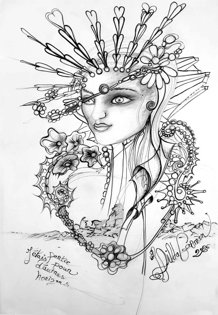 Illustration en noir et blanc d'un visage féminin ornée de fleurs et de motifs abstraits, avec une inscription en bas.